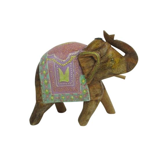 Elephant with Decorative Painted Blanket Carved Wood Home Decor 7.25 x 6" x 2.75 - Picture 2 of 10